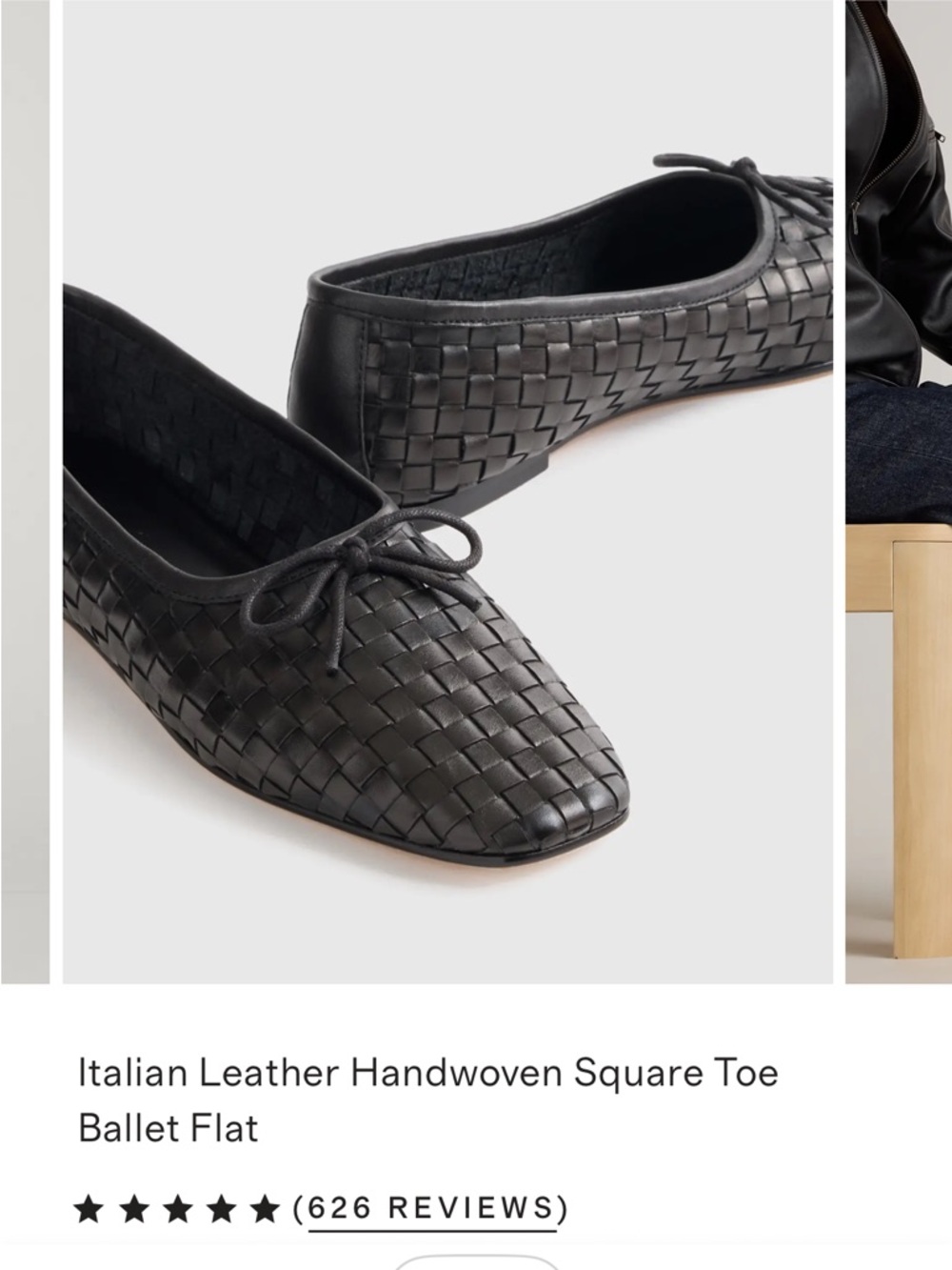 Quince Italian Leather Handwoven Square Toe Ballet Flat - Black